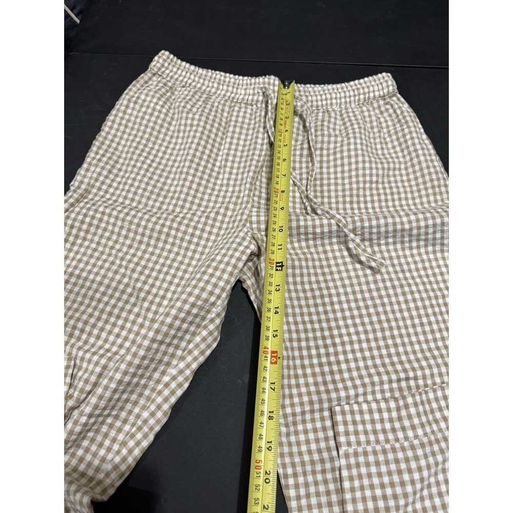 MNG Tan Brown Gingham Checkered Lounge Wide Leg Pants Women's Size M 100% Cotton - Picture 6 of 11